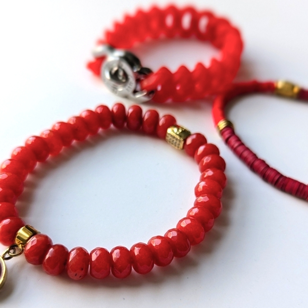 Rustic Cuff Set-3 Red Stacking Bracelets Silicone Links Polymer Clay Coral Beads - Picture 2 of 6